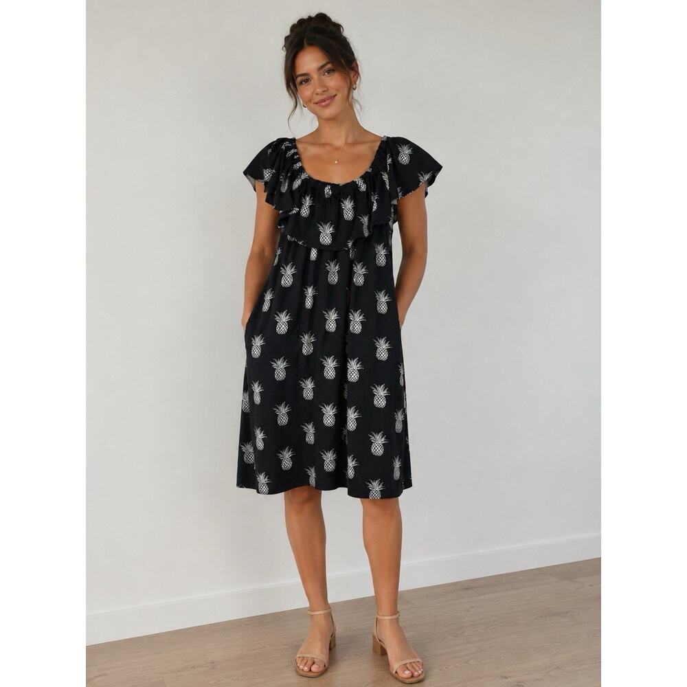 Lulu B Black Pineapple Off the Shoulder Dress Travel Resort Preppy Womens Medium
